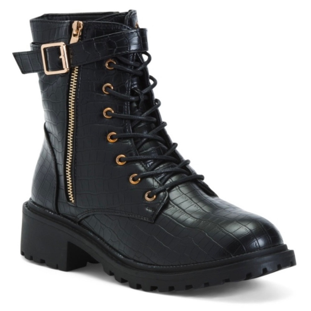Nicole Miller Crocodile Embossed Combat Boots Womens Size 7.5 NEW